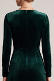 Dark Green Long Sleeve Sheath Velvet Midi Work Dress
