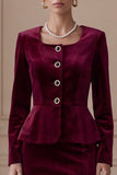 Single Breasted 2 Piece Long Sleeve Burgundy Sheath Velvet Midi Work Dress