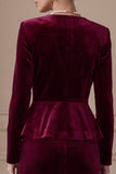 Single Breasted 2 Piece Long Sleeve Burgundy Sheath Velvet Midi Work Dress