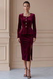 Single Breasted 2 Piece Long Sleeve Burgundy Sheath Velvet Midi Work Dress