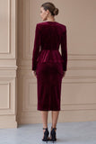 Single Breasted 2 Piece Long Sleeve Burgundy Sheath Velvet Midi Work Dress