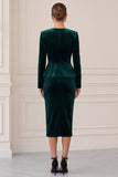 Single Breasted 2 Piece Long Sleeve Burgundy Sheath Velvet Midi Work Dress