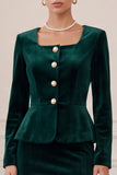 Single Breasted 2 Piece Long Sleeve Burgundy Sheath Velvet Midi Work Dress