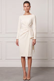 Sheath Long Sleeve Ruched Ivory Midi Work Dress