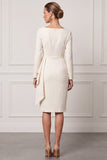 Sheath Long Sleeve Ruched Ivory Midi Work Dress
