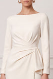 Sheath Long Sleeve Ruched Ivory Midi Work Dress