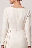 Sheath Long Sleeve Ruched Ivory Midi Work Dress