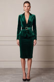 Peak Lapel Velvet Sheath 2 Piece Dark Green Midi Work Dress with Belt