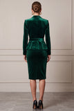 Peak Lapel Velvet Sheath 2 Piece Dark Green Midi Work Dress with Belt
