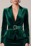 Peak Lapel Velvet Sheath 2 Piece Dark Green Midi Work Dress with Belt