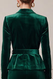 Peak Lapel Velvet Sheath 2 Piece Dark Green Midi Work Dress with Belt