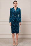 Notch Lapel 2 Piece Floral Velvet Peacock Blue Midi Work Dress
