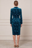 Notch Lapel 2 Piece Floral Velvet Peacock Blue Midi Work Dress