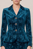 Notch Lapel 2 Piece Floral Velvet Peacock Blue Midi Work Dress