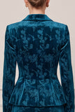 Notch Lapel 2 Piece Floral Velvet Peacock Blue Midi Work Dress