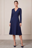 A-Line Pleated Navy Midi Work Dress With Long Sleeves