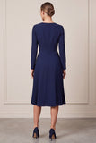 A-Line Pleated Navy Midi Work Dress With Long Sleeves