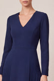 A-Line Pleated Navy Midi Work Dress With Long Sleeves