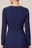 A-Line Pleated Navy Midi Work Dress With Long Sleeves