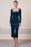 Floral Sheath Square Neck Peacock Blue Single Breasted Midi Work Dress with Slit