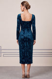 Floral Sheath Square Neck Peacock Blue Single Breasted Midi Work Dress with Slit
