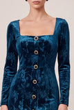 Floral Sheath Square Neck Peacock Blue Single Breasted Midi Work Dress with Slit