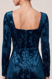 Floral Sheath Square Neck Peacock Blue Single Breasted Midi Work Dress with Slit
