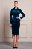 Single Breasted 2-piece Tight Peacock Blue Velvet Midi Work Dress