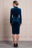 Single Breasted 2-piece Tight Peacock Blue Velvet Midi Work Dress