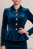 Single Breasted 2-piece Tight Peacock Blue Velvet Midi Work Dress
