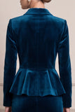 Single Breasted 2-piece Tight Peacock Blue Velvet Midi Work Dress