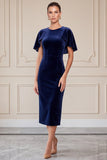 Sheath Flutter Sleeve Navy Midi Velvet Dress