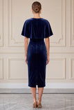 Sheath Flutter Sleeve Navy Midi Velvet Dress