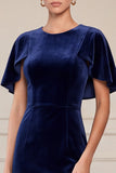 Sheath Flutter Sleeve Navy Midi Velvet Dress