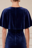 Sheath Flutter Sleeve Navy Midi Velvet Dress