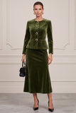 2-piece Long Sleeve A Line Olive Velvet Midi Work Dress