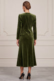 2-piece Long Sleeve A Line Olive Velvet Midi Work Dress
