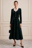 A Line 2-piece Notched Lapel Dark Green Velvet Midi Work Dress