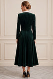 A Line 2-piece Notched Lapel Dark Green Velvet Midi Work Dress