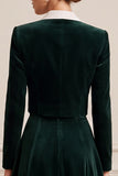 A Line 2-piece Notched Lapel Dark Green Velvet Midi Work Dress