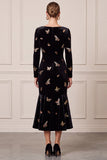 Mermaid Sequins Black Midi Velvet Dress With Long Sleeves