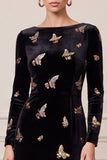 Mermaid Sequins Black Midi Velvet Dress With Long Sleeves