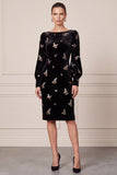 Black Long Sleeve Sequins Sheath Midi Velvet Dress