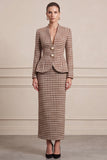 Sheath Long Sleeve 2-piece Brwon Tweed Midi Work Dress
