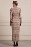 Sheath Long Sleeve 2-piece Brwon Tweed Midi Work Dress