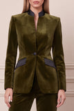 Dark Green 2 Piece Stand Collar Velvet Single Buckle Women Suits