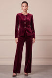Single Breasted Velvet Round Neck Dark Green 2 Piece Women Suits