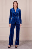 2 Piece Velvet Royal Blue Peak Lapel Double Breasted Women Suits