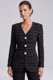 Black Tweed Single Breasted V-Neck Women Blazer