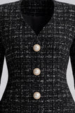 Black Tweed Single Breasted V-Neck Women Blazer